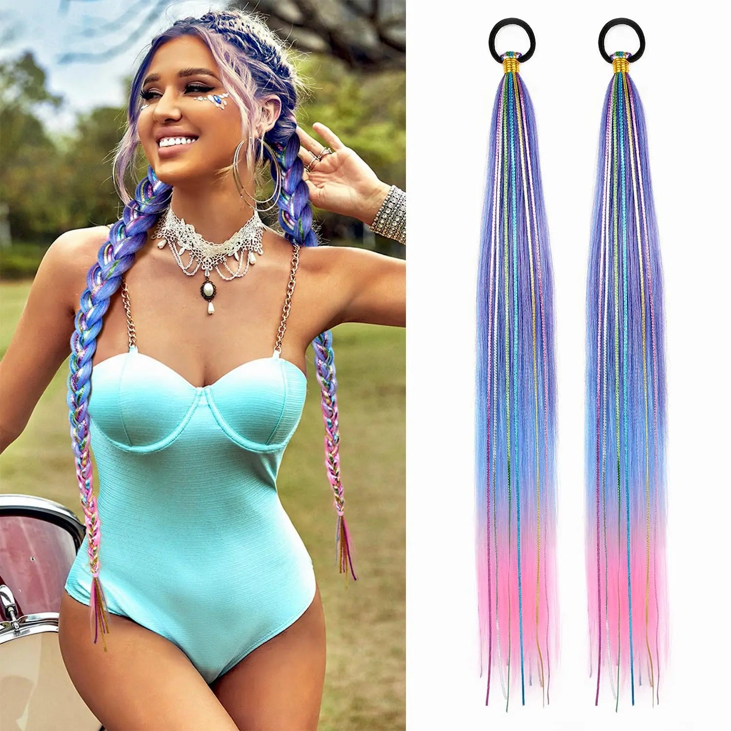 26 Inch Hair Tinsel Colored Braided Ponytail Extension 1/2 Pack Blue Pink Gradient Hair Extensions Synthetic Ponytail