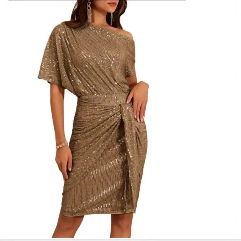 Ladies Trimmed Shiny Party Club Shoulder Folds Toast Dress Fashion Dress