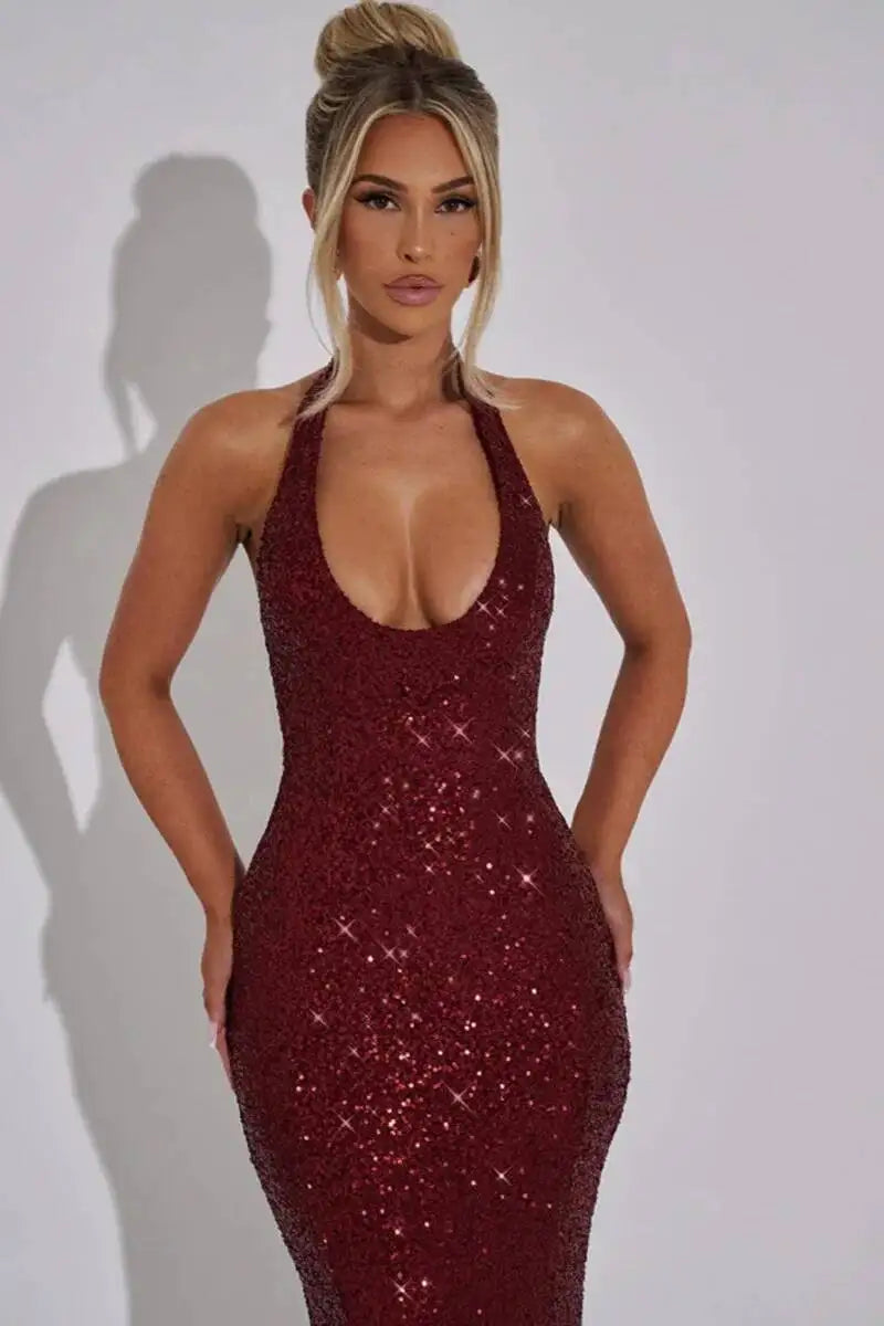 Giyu Sexy Glitter Sparkle Sequined Club Evening Party Dresses Women 2025 Summer Autumn Halter Backless Bodycon Maxi Long Dress