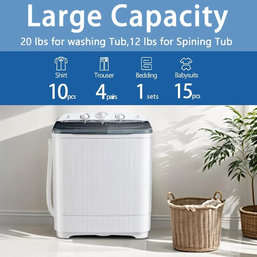 Portable Mini Twin Tub 32lbs Washing Machine With Drying Rack 10 Hangers 20lbs Washer 12lbs Spinner Small Laundry Washer with T