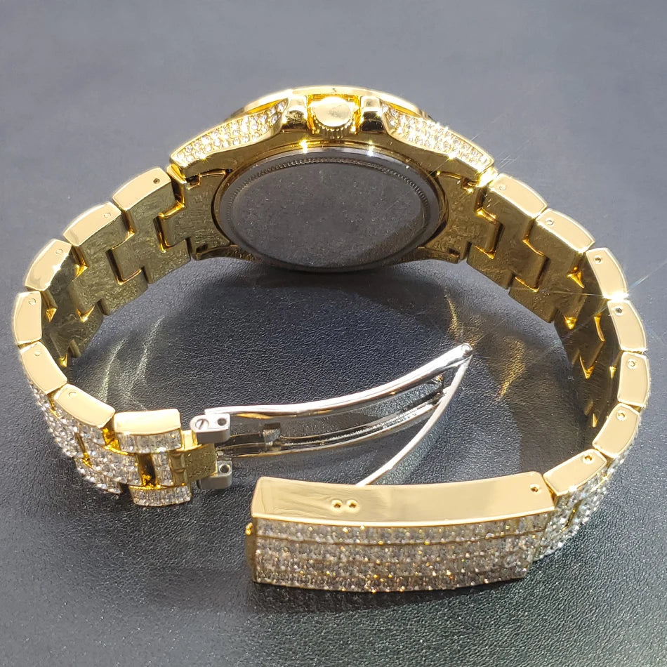 MISSFOX Full Iced-Out Men’s Watch | Luxury Diamond Silver Stainless Steel Quartz with Auto Date