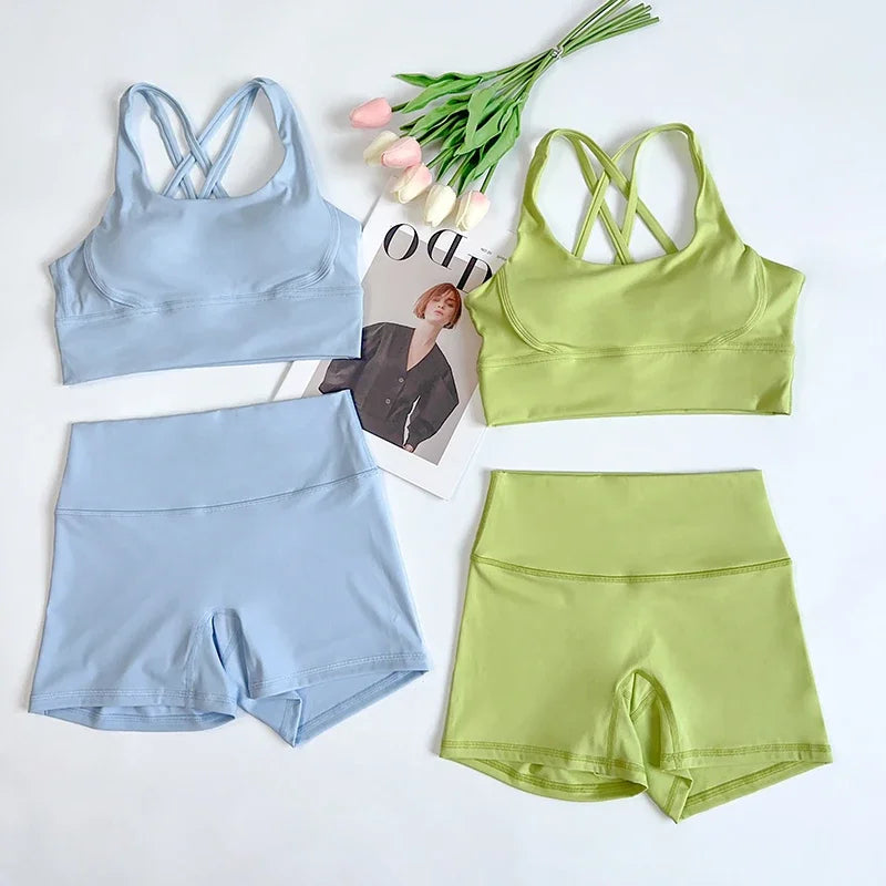 ZOCI 2-Piece Naked-Feel Yoga Set — Strappy Sports Bra & High-Waist Shorts for Women