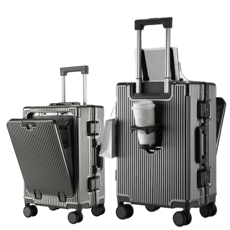Suitcase Front Opening Pocket Aluminum Alloy Frame Rolling Luggage with USB Charging Plug Trolley Carry-on Case Bag with Wheel