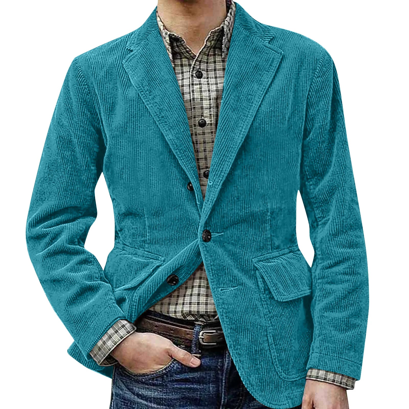 Corduroy Warm Pocket Suit Jacket Men'S Solid Color Cardigan Casual Suit Winter Fashion Single-Breasted Warm Top Jacket