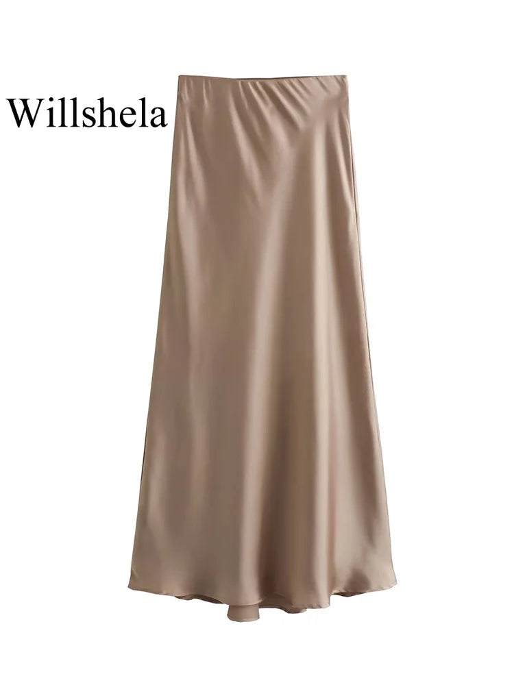 Willshela 2024 Black Satin Skirt Woman High Waist Elegant Long Skirts For Women Fashion Summer Midi Skirt Office Women's Skirts