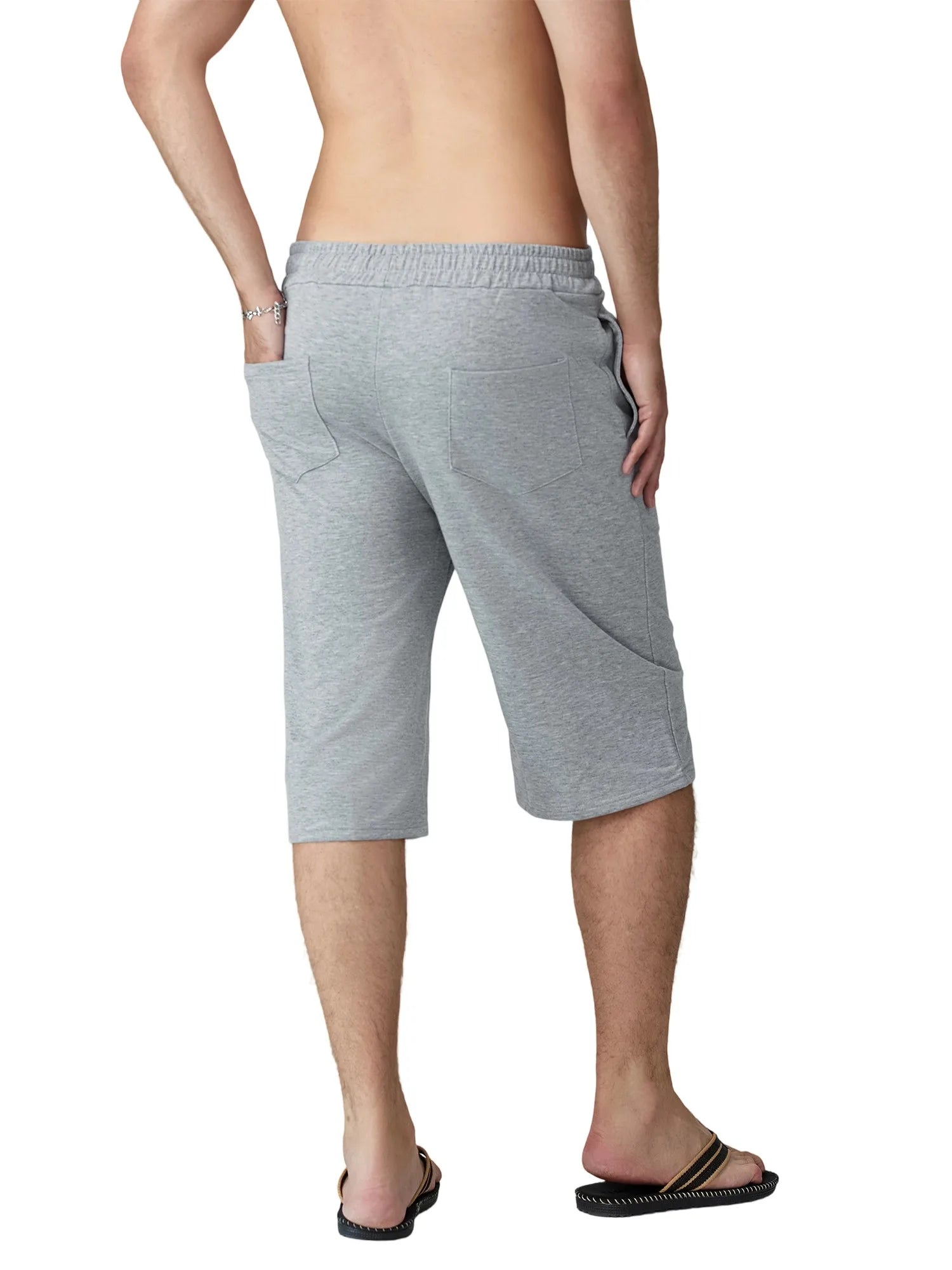 Men s Knee-Length Shorts with Elastic Waistband and Drawstring Loose Fit Solid Color Hip Hop Style Long Shorts with Pockets