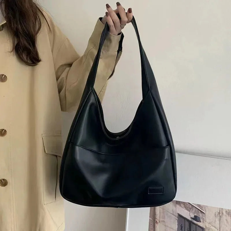Large Capacity Black Leather Tote Bag for Women Fashionable Versatile Shoulder Bag Purse
