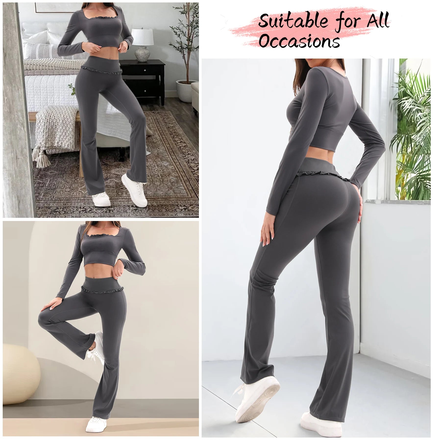 FrillFlow™ 2-Piece Yoga Set — Tummy-Control Flare Pants & Long-Sleeve Top