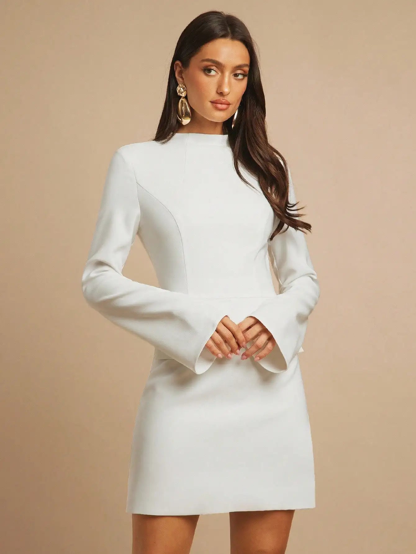 White Long Sleeve Mini Dress with Flared Sleeves and Decorative Pockets, Office Elegant Business Casual