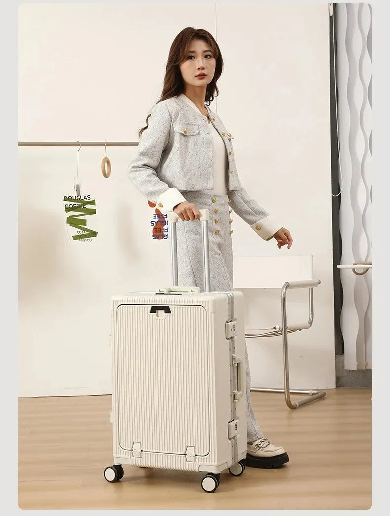 Suitcase Front Opening Pocket Aluminum Alloy Frame Rolling Luggage with USB Charging Plug Trolley Carry-on Case Bag with Wheel