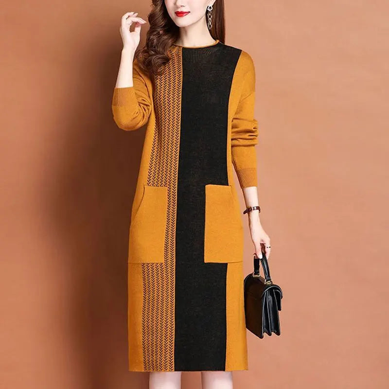 Vintage Spliced Printed Knitted Dresses Autumn Winter Casual O-Neck Women's Clothing Fashion Pockets All-match A-Line Midi Dress