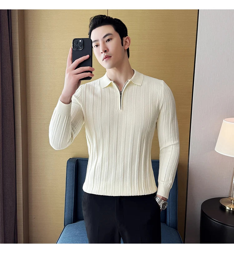 Men's Zip-Front Knit Sweater - White Polo Collar (Black/Burgundy/Cream) M-4XL Soft Touch Autumn Winter Casual Style