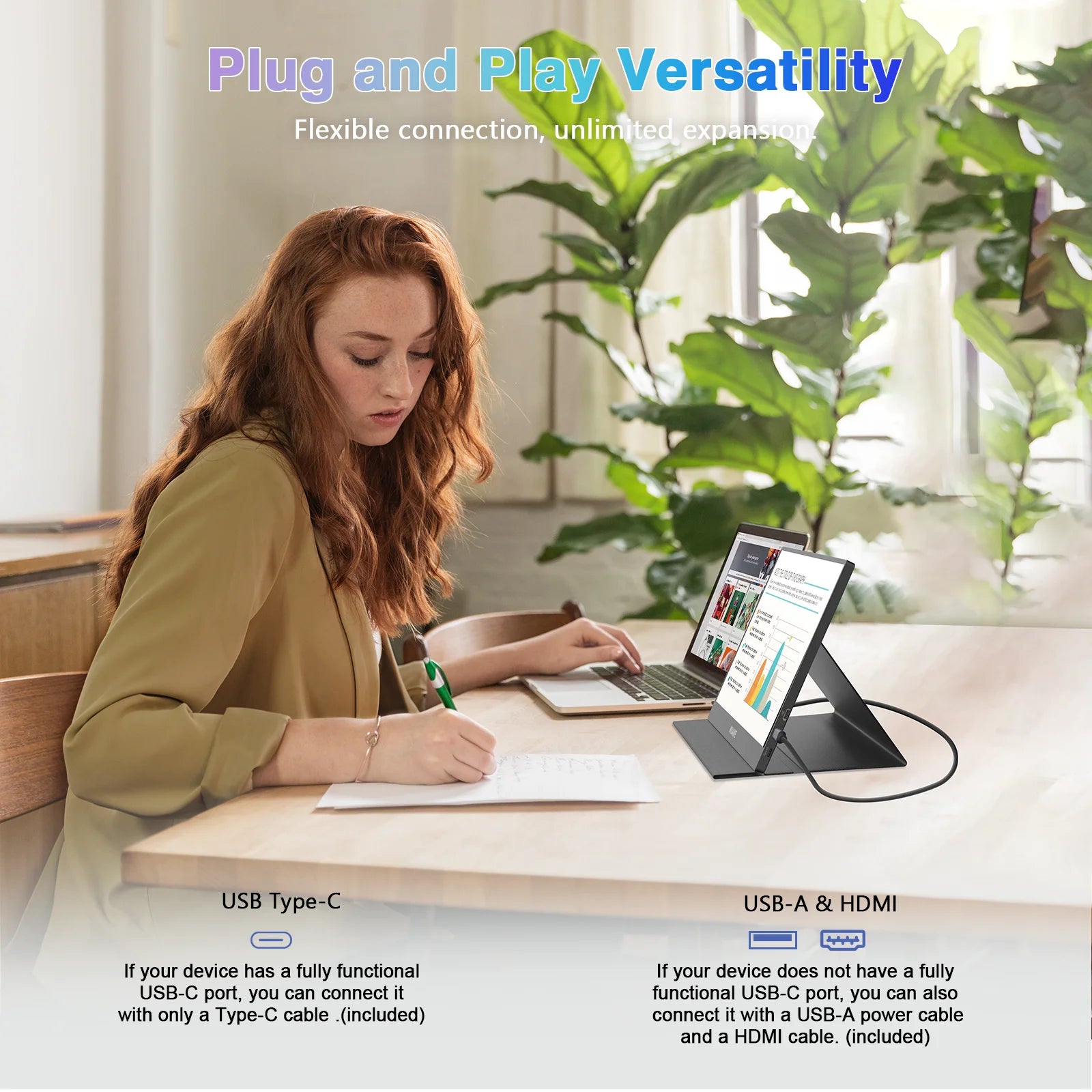 WUAWE 14" Portable Monitor — 1080p IPS | Dual USB-C + mini HDMI | Built-in Speakers