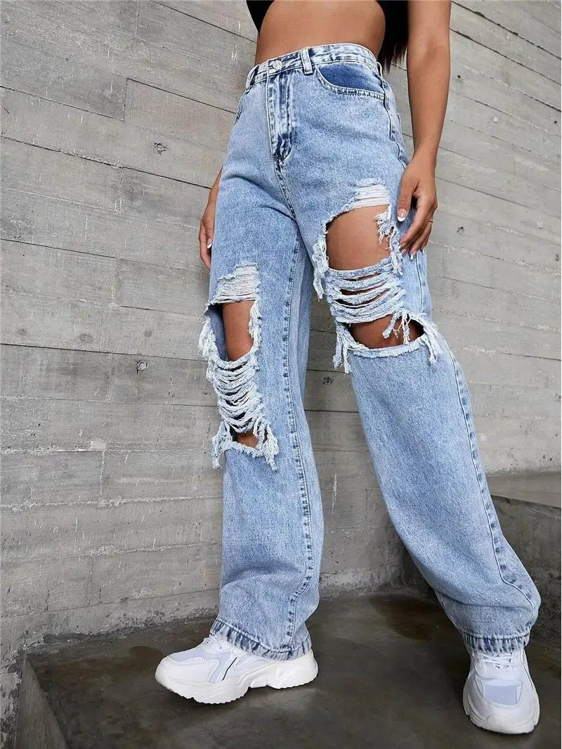 Women’s High-Waist Ripped Jeans – Mid-Stretch Trendy Denim