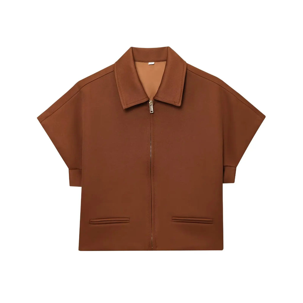 TFMLN Fashion Set For Women Summer 2025 New Slim Lapel Zipper Short Sleeve Coat Top Wide Leg Pants Two Piece Set Leisure Black