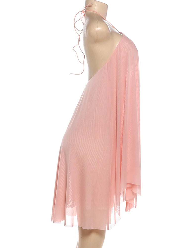 Nibber Asymmetrical Hem Dress Women Halter Bandage Sleeveless Backless Solid Beach Party Sexy 2026 Summer New Trend Mini Bodycon