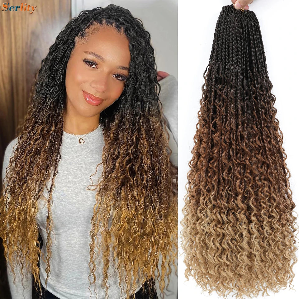 Boho Box Braids Goddess Bohemian Hippie Braids Braiding Hair Box Braids with Curly Ends Messy Pre-looped Synthetic Crochet Hair