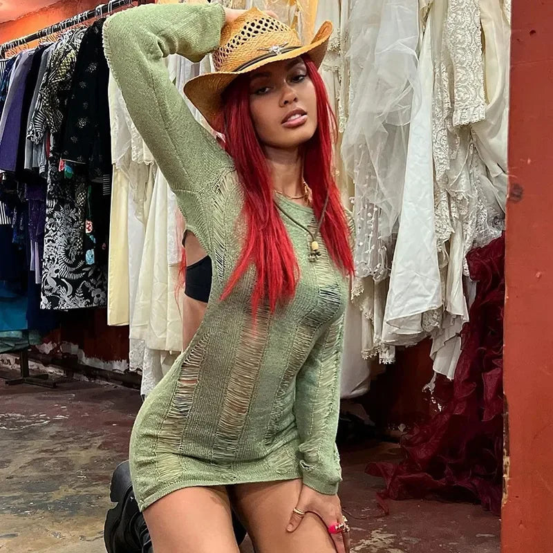 Crochet Long Sleeve Bodycon Dress Women Sexy Hollow Out Backless Knitted Mini Dress 90s Vintage Coquette Female Cocktail Vestido