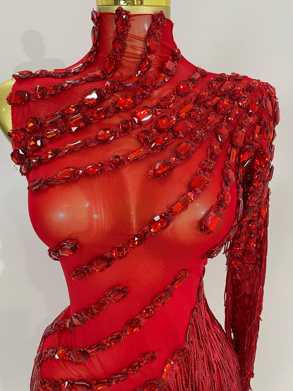 New Stage Costume Sparkly Rhinestones Tassel Sexy See-Through Dress Women One Shoulder Latin Dance Bars Nightclub Party Outfits