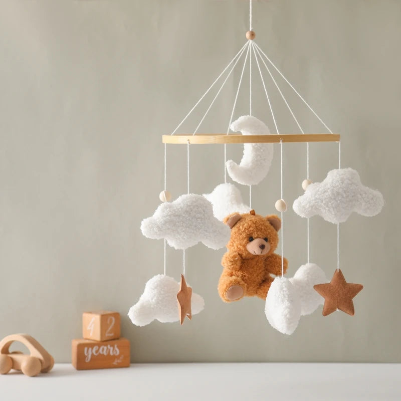 Wooden Crib Mobile Baby Bed Bell Rattle Toy Soft Felt Cartoon Bear Mobile bracket Newborn Music Box Bed Bell Hanging Bracket Toy