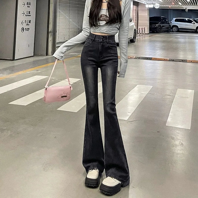 Fce Lined Thiened Autumn Winter American Sle High Waist Slim Fit Drapey Micro Flared Jeans Women's Premium Denim Pants