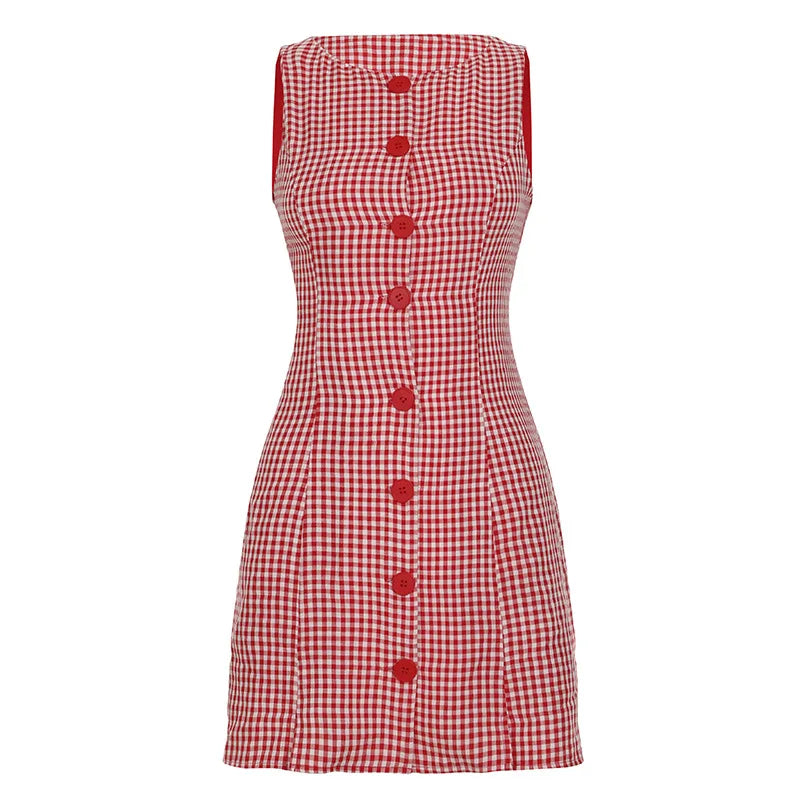 Checkered single breasted dress for summer, new vacation style A version sleeveless slim fit short skirt for women