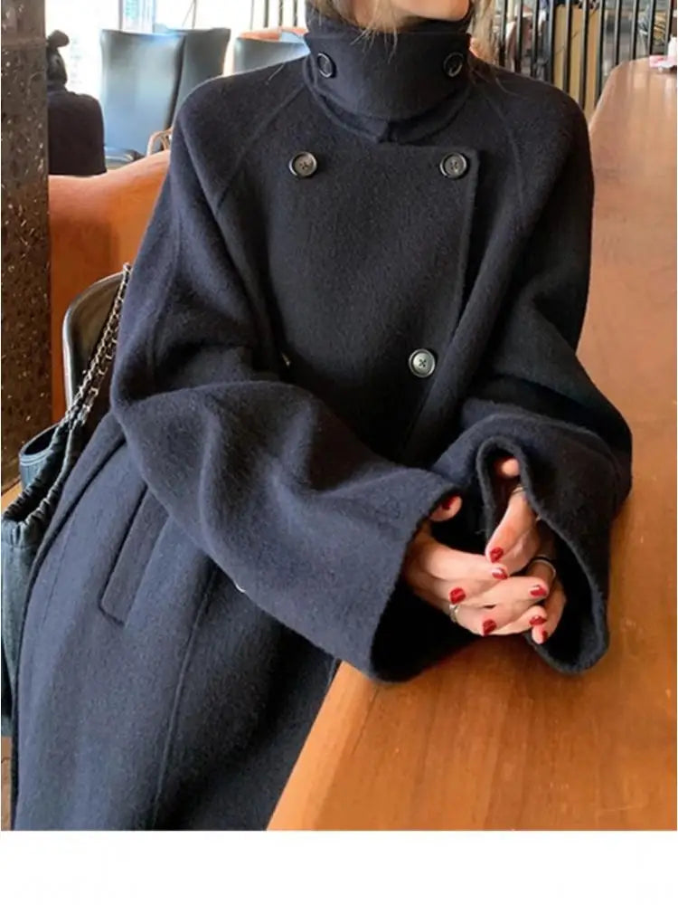 Double Breasted Office Lady Cashmere Woolen Jackets 2025 Autumn And Winter Stand Collar Loose Lace-Up Women's Long Wool Coats
