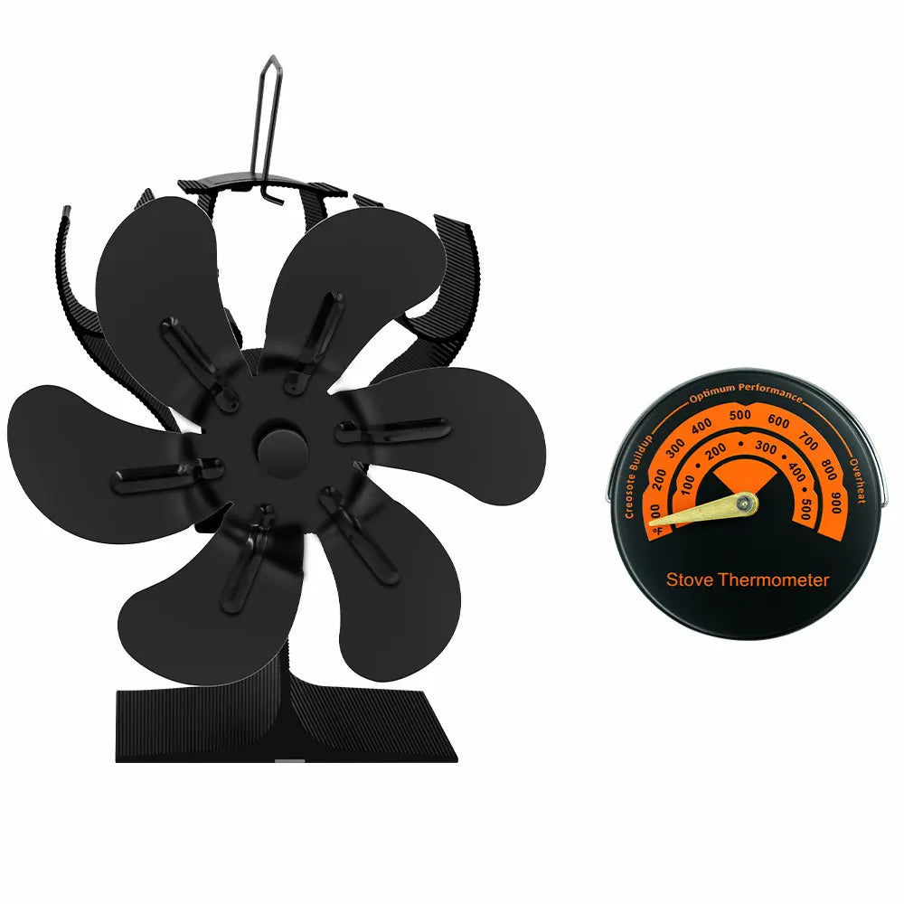 New Heat Powered Stove Fan Eco Quiet Black 6 Blades Log Wood Burner Fireplace Fan Efficient Heat Distribution Winter Warmer Home
