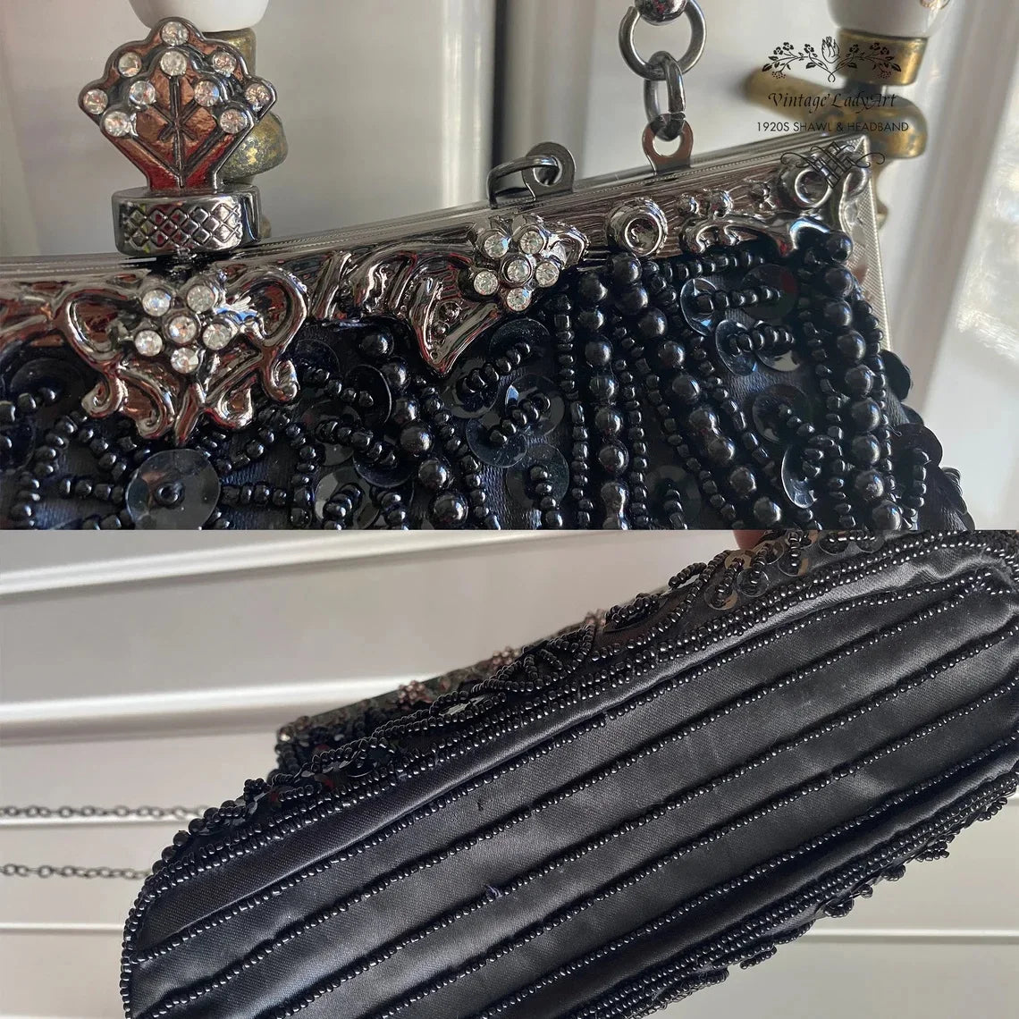 Lost in Vintage Clutch Handbag Beaded and Sequin Kiss-lock Closurer Shoulder Bag Crossbody Detachable ChainProm Evening Party