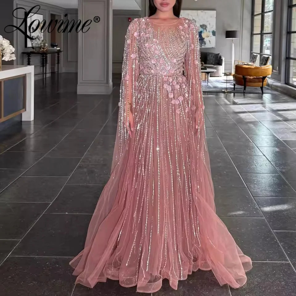 Pink Long Sleeves Women Evening Dress Elegant A Line Beading Women Party Dresses Customized Robes 2026 Dubai Arabic Party Gowns