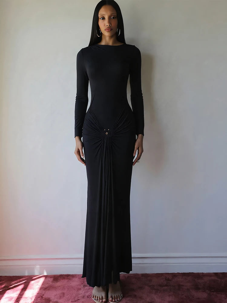 Weird Puss Ruched Elegant Maxi Dress Women Daily Casual Fashion Skinny Full Sleeve Solid Gown Midnight Prom Party Long Bodycon