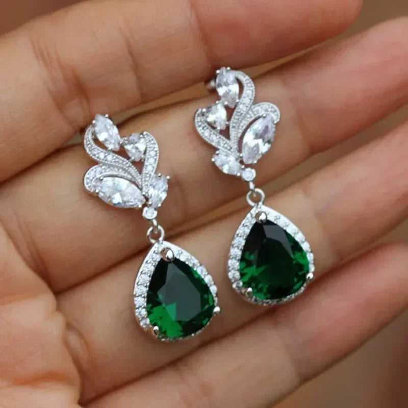 Green Crystal Drop Earrings | Elegant Zirconia Luxury Jewelry for Women