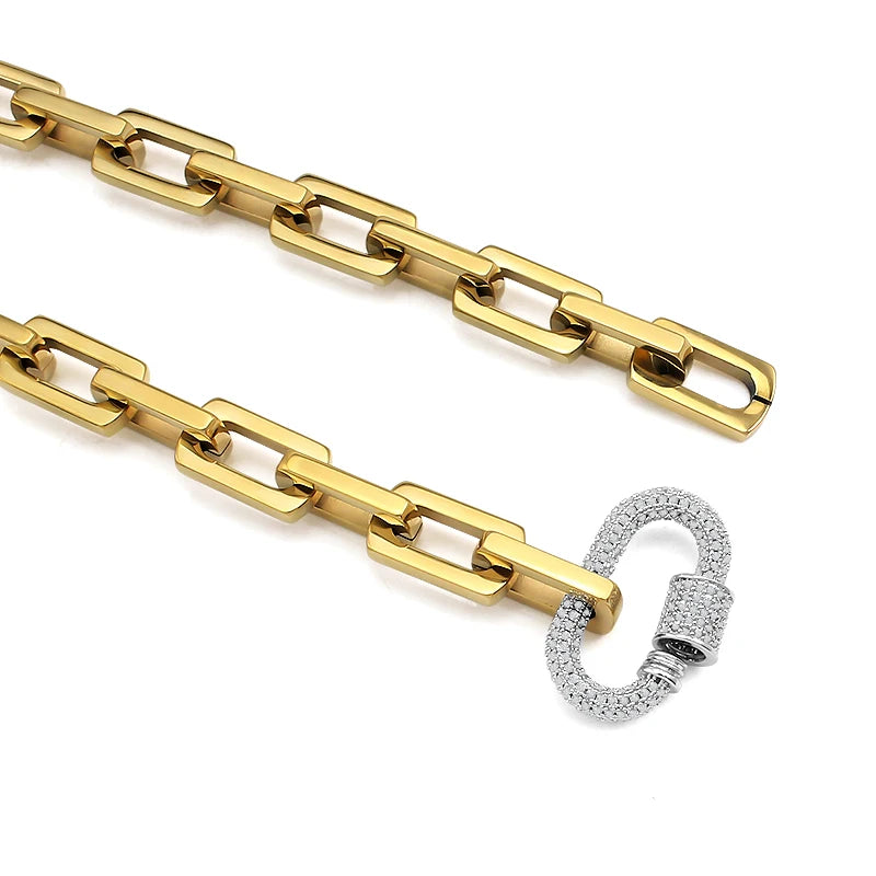 18K Gold & Silver Chunky Paperclip Chain Necklace | Zircon Carabiner Lock Minimalist Jewelry