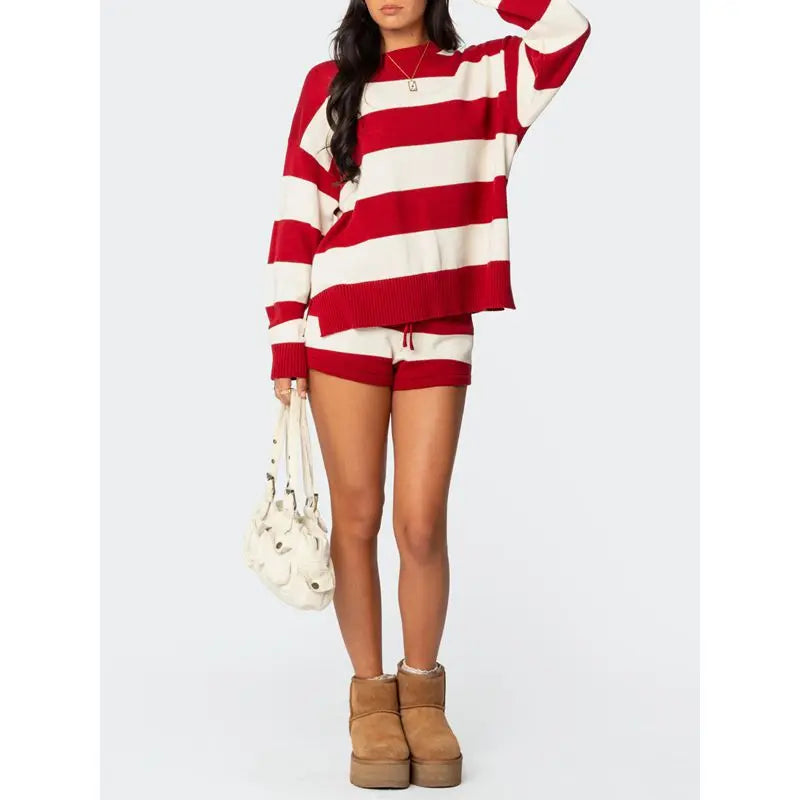 Women’s Striped Knit 2-Piece Set – Split Sweater Top & Drawstring Shorts