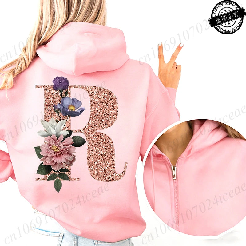 Women Zip Up Hoodies Rose Gold Letter A~Z Zipper Jackets Coats Autumn Winter Hoody Sweatshirt Fashion Casual Zip Pink Hoodie Top
