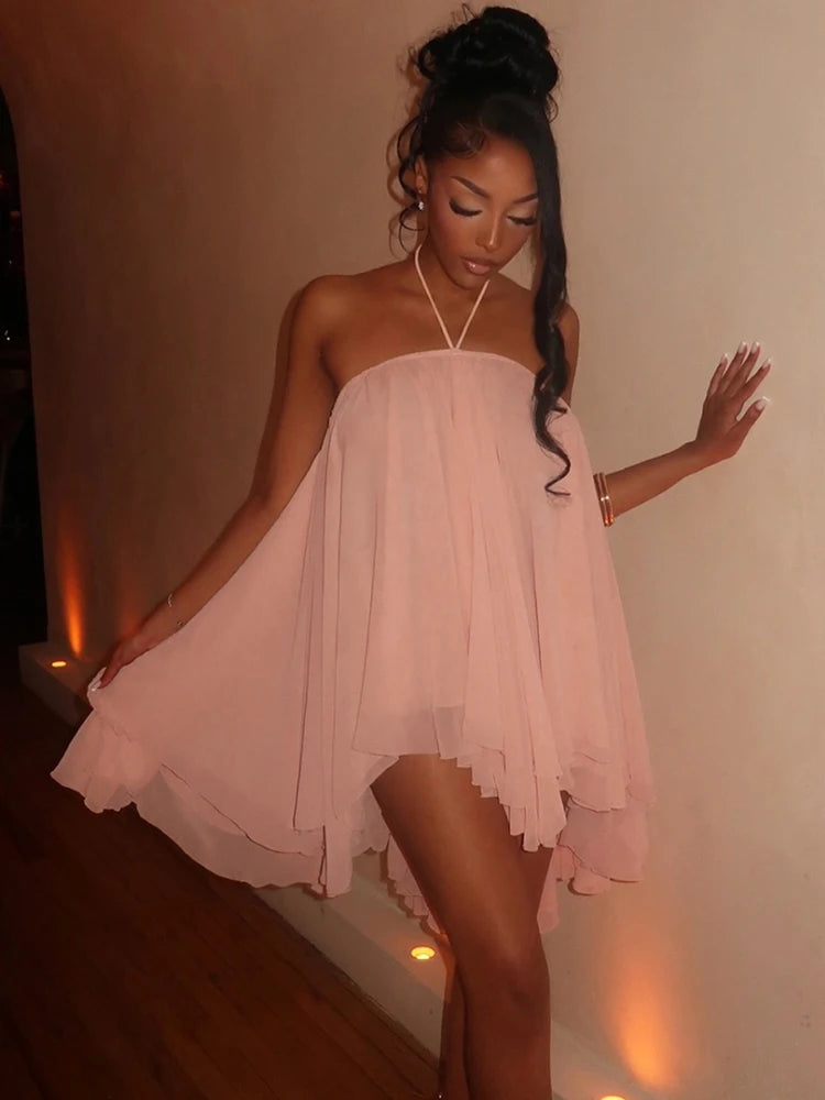 Nibber Asymmetrical Hem Dress Women Halter Bandage Sleeveless Backless Solid Beach Party Sexy 2026 Summer New Trend Mini Bodycon