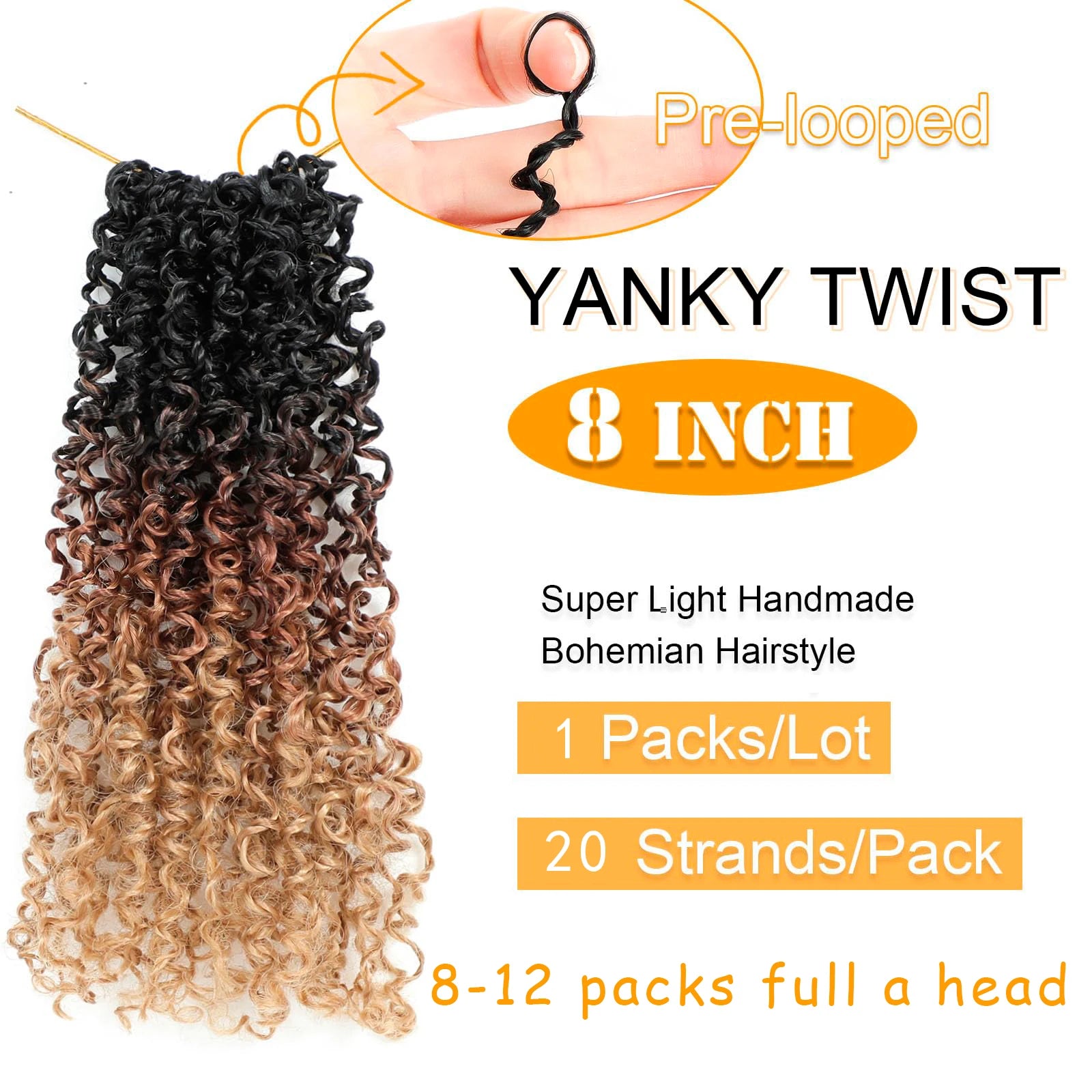 8" Yanky Twist Crochet Hair Ombre Brown Spring Twist Hair Senegalese Twist Crochet Hair with Curly Ends Synthetic Crochet Braids