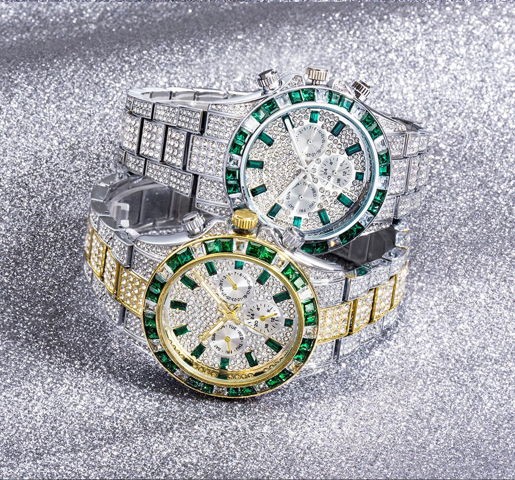 MISSFOX Men’s Luxury Bling Quartz Watch | 42mm, Calendar, 3ATM Water-Resistant, Gold-Tone Stainless Steel