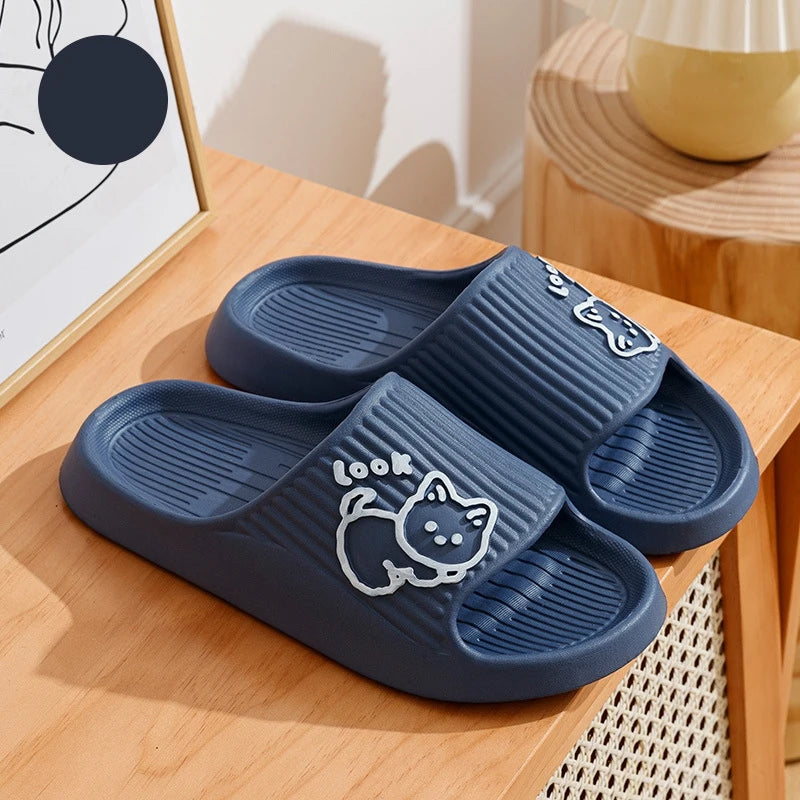 Cute Cartoon Kitten Women's Summer Slippers Indoor Bathroom Cloudy Soft Sole Non-slip Leisure Comfort Couple Home Shoes
