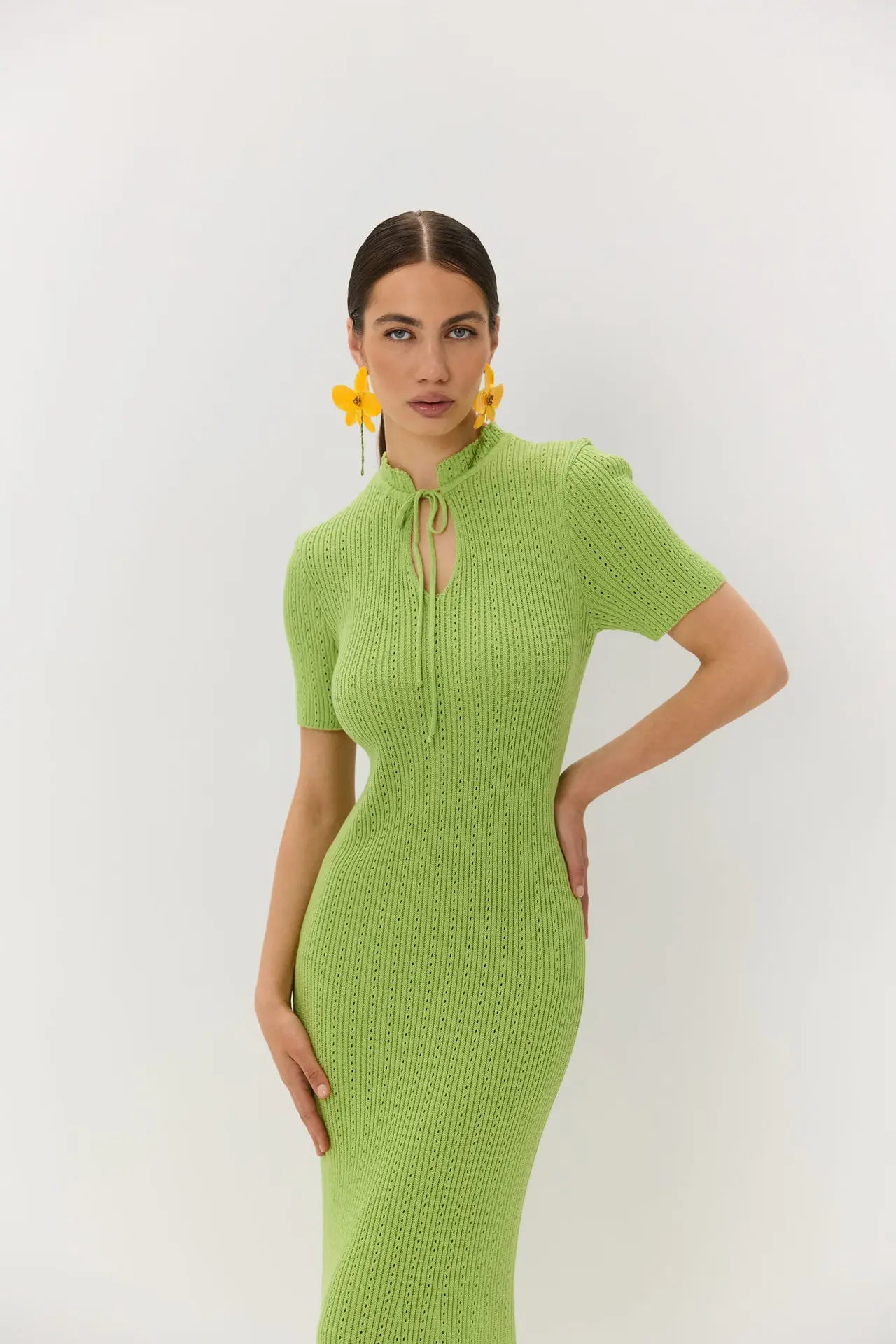 Tossy Knit Hollow Out Lace-Up Dress Female Ribbed Short Sleeve Patchwork High Waist Elegant Long Dress Women's Knitwear Dress