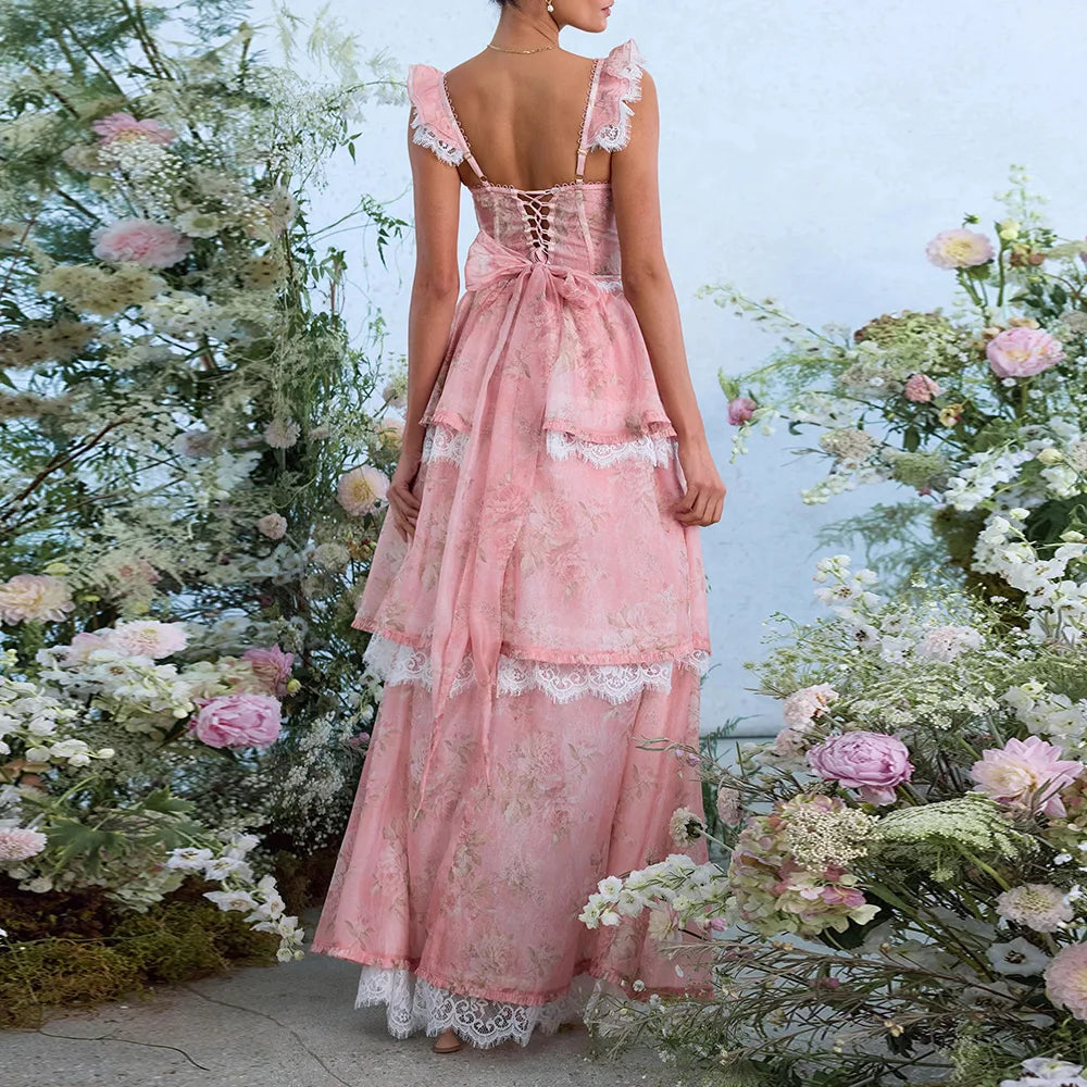 TWOTWINSTYLE Colorblock Slimming Spliced Lace Dresses for Women Square Neck Sleeveless Patchwork Printing Dress Female Clothes