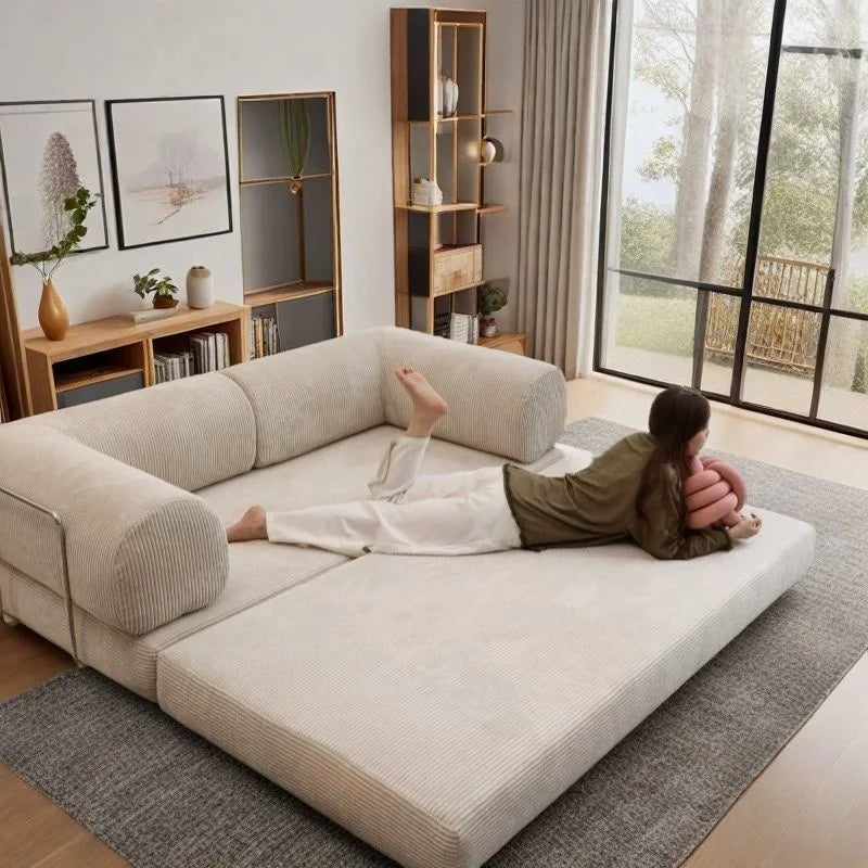 2025 New Elegant Italian Compressed Sofa Minimalist Retro Corduroy Sofa Bed Foldable Washable Customizable for Living Room