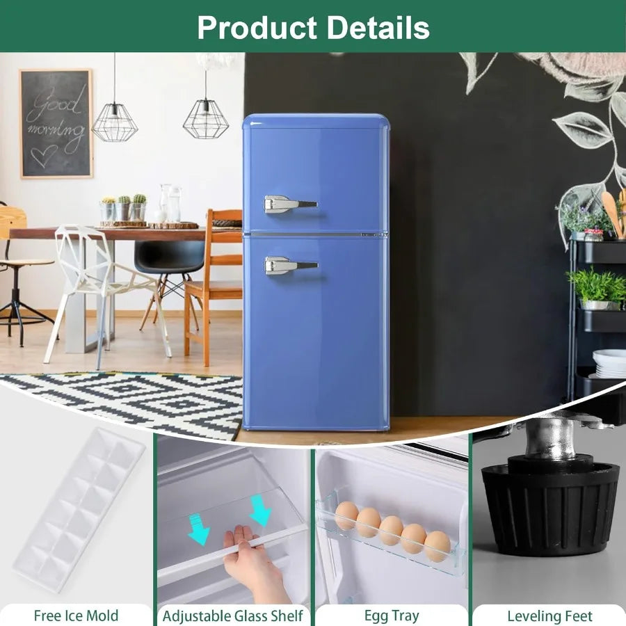 Retro Mini Fridge 3.2 Cu. Ft. Small Refrigerator with Freezer Retro Style with 7-Level Adjustable Thermostat Compact Vintage 2-