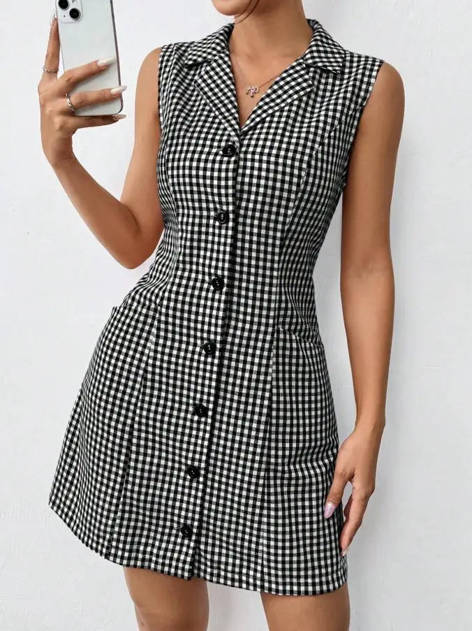 French Retro Plaid Dresses Women Summer New  Sleeveless Round Neck Button Up Cocktail Dress Female Bodycon Dresses Vestidos