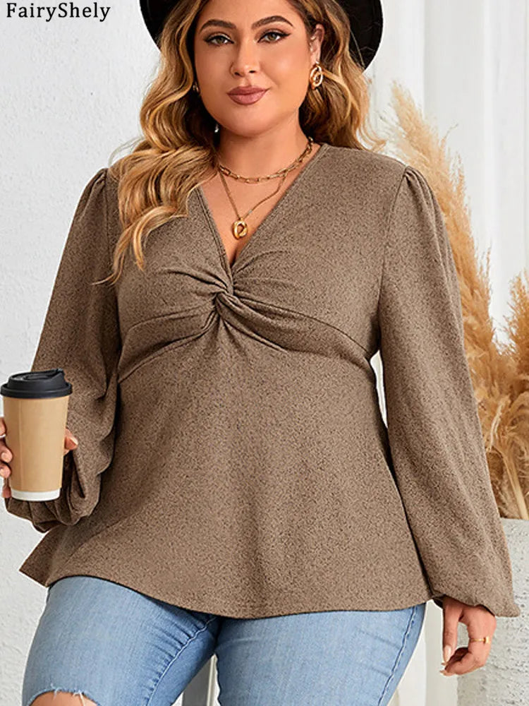 FairyShely Plus Size V-Neck Long Sleeve Top – Brown Casual Pullover for Spring & Autumn