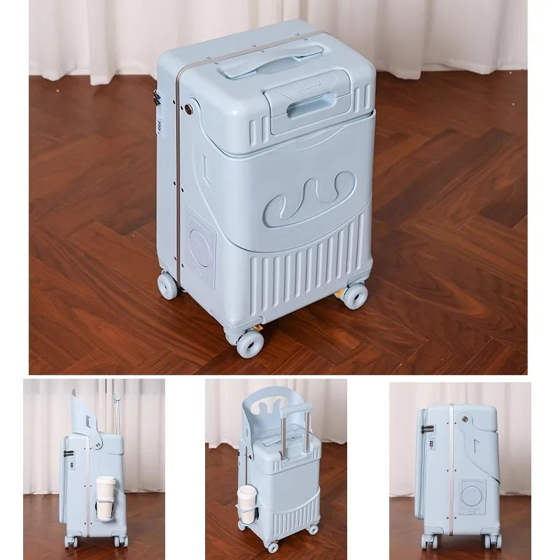 2025 New suitcase for children can Sit 20/22 inch Ride on Luggage Front Opening Sturdy Thickened Travel suitcase with Cup Holder