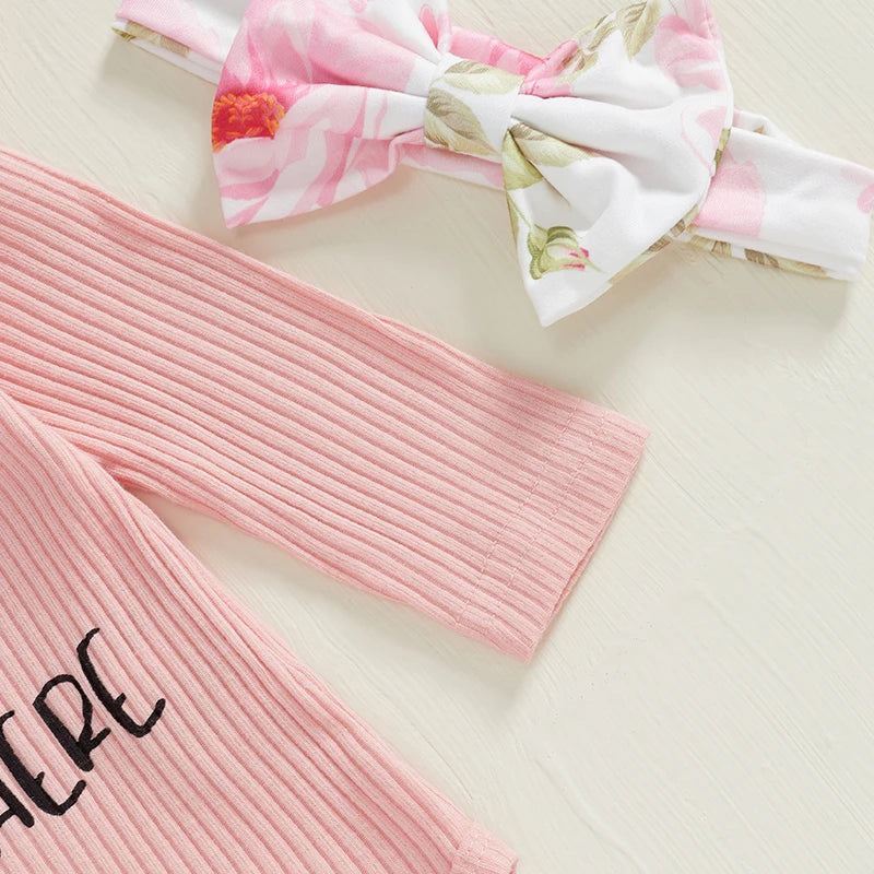 Baby Girls 4 Piece Outfit Letter Print Long Sleeves Romper and Floral Print Pants Headband Hat Set Cute Clothes