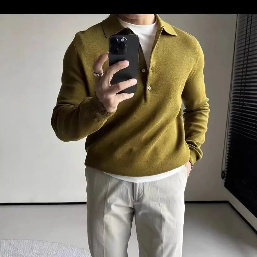 Men's Knitted Autumn Winter New Lapel Long-sleeved Slim Sweater Base Business Casual