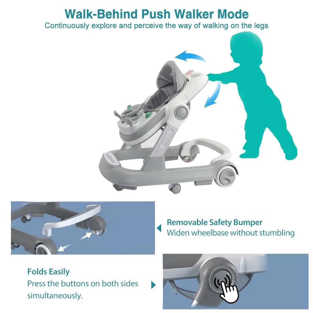 Foldable Activity Walker, Toddler Baby Push Walker with Removable Feeding Tray & Music Tray(Without Battery), 2 in 1 Baby Walker