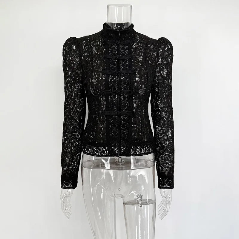 Tornova 2025 New Lace Hook Flower Women's Shirt Fashion Commuting Long Sleeve Cardigan Top Retro Slim Stand Collar Lady Blouses